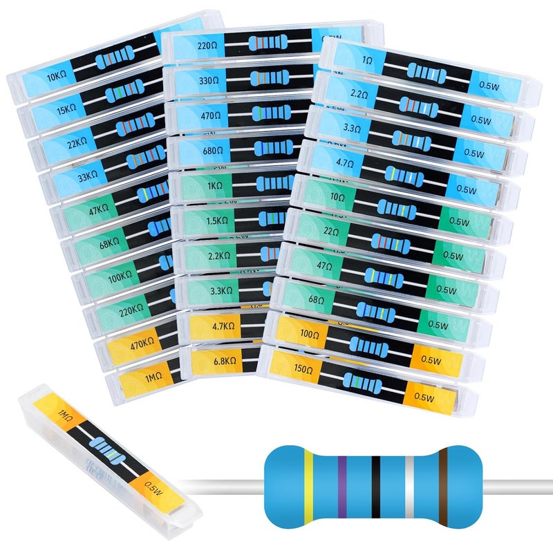 CUQI 30 Values 600 pcs 1 Ohm- 1M Ohm with 1% 1/2W Metal Film Resistors Assortment Kit Packaged in Individual Lattice Box - Image 1